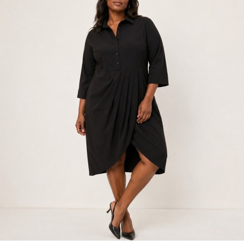 Universal Standard Shirt Dress Black Midi 3/4‎ Sleeve Women's Size 14-16